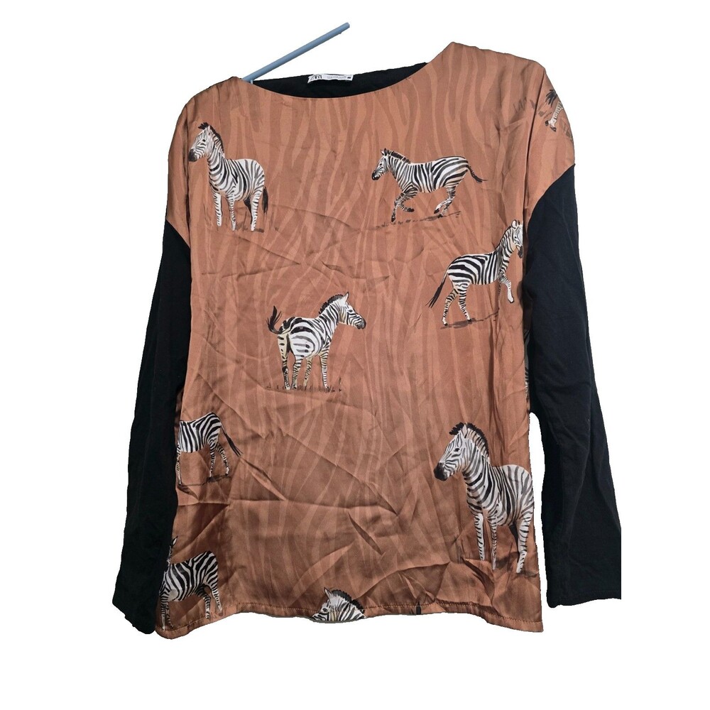 Zara Small Womens Top Brown Black Animal Zebra Print long sleeve Blouse